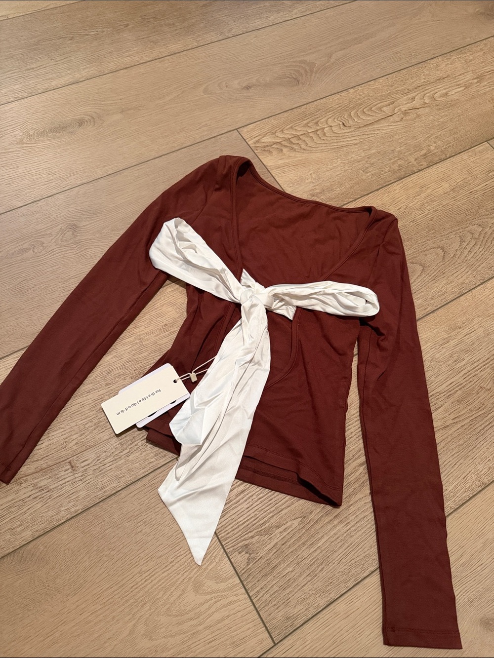 Commense Rust Long-Sleeve Top with White Tie-Front